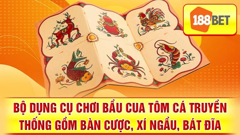 Bộ dụng cụ chơi Bầu Cua Tôm Cá truyền thống gồm bàn cược, xí ngầu, bát đĩa