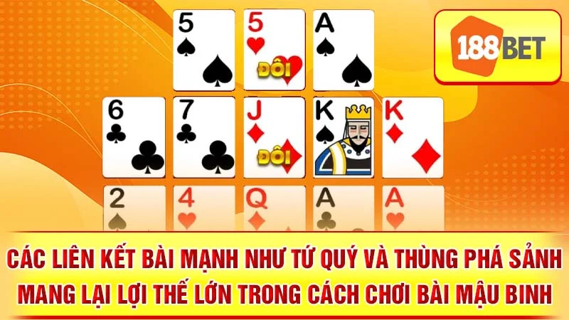 Các liên kết bài mạnh như Tứ Quý và Thùng Phá Sảnh mang lại lợi thế lớn trong cách chơi bài Mậu Binh.