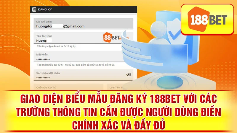 Giao diện biểu mẫu đăng ký 188BET với các trường thông tin cần được người dùng điền chính xác và đầy đủ.