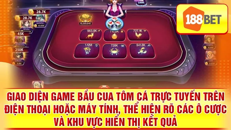 Giao diện game Bầu Cua Tôm Cá trực tuyến trên điện thoại hoặc máy tính, thể hiện rõ các ô cược và khu vực hiển thị kết quả.